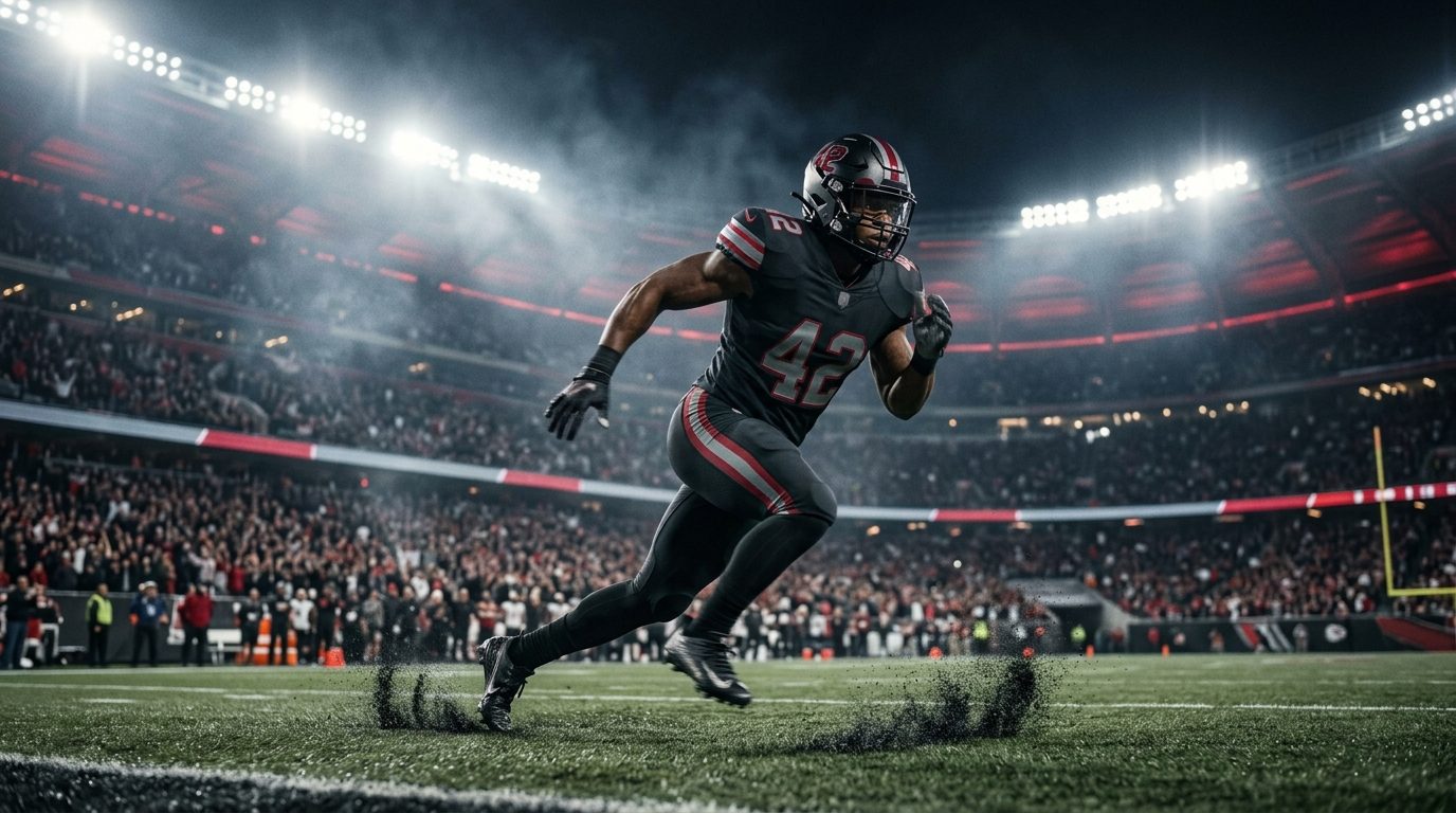 American football player running the ball in a floodlit stadium — live football in 4K on KemoTV IPTV