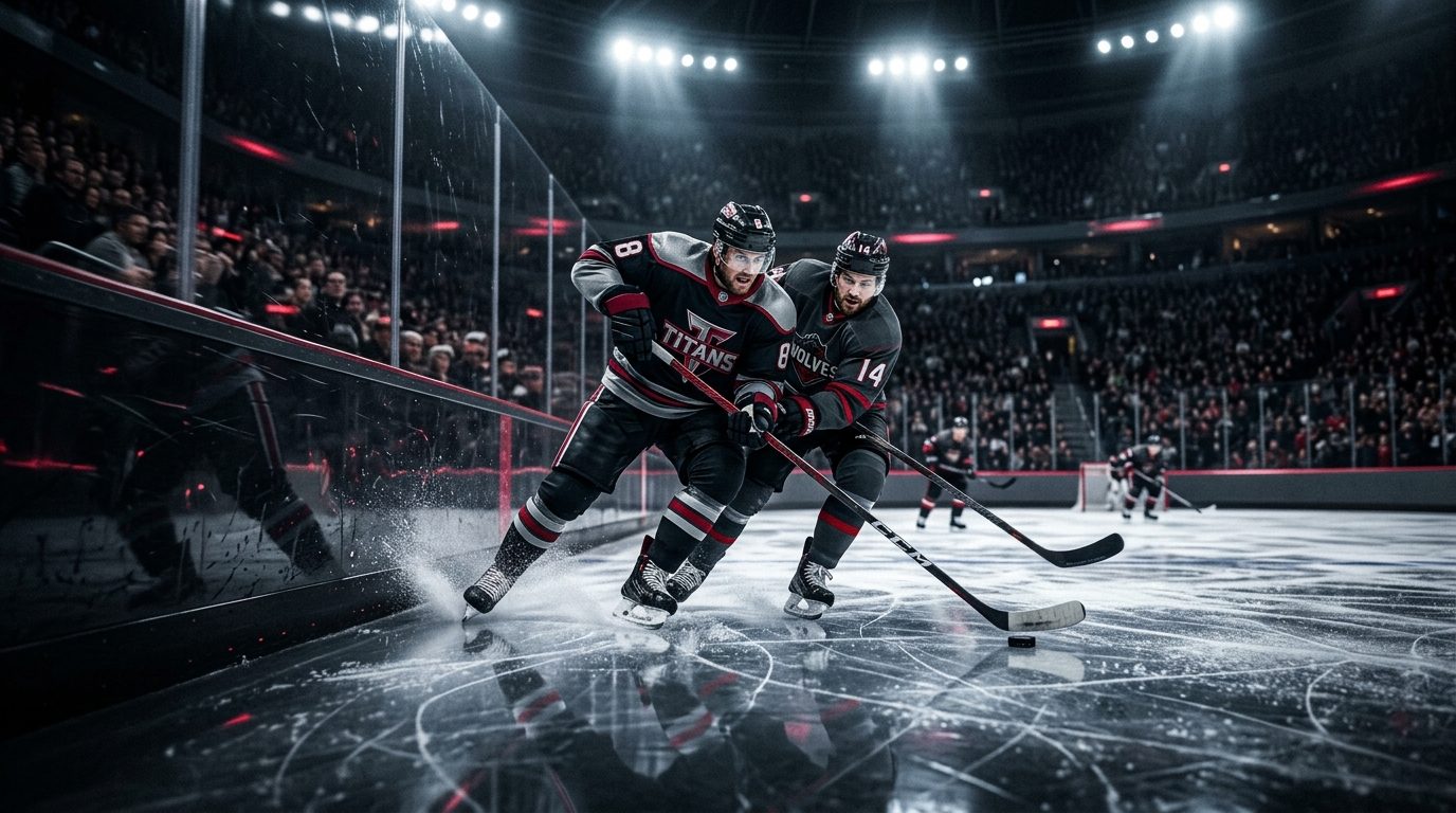 Two hockey players chasing the puck in a floodlit arena — live hockey in 4K on KemoTV IPTV